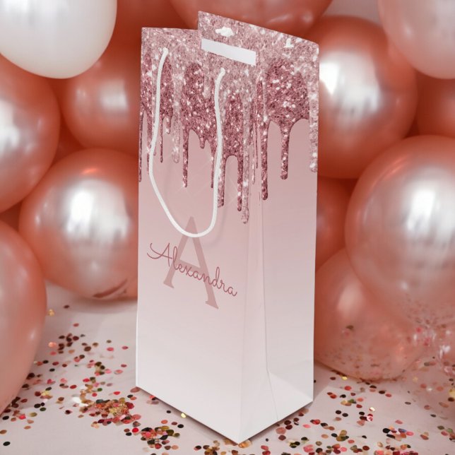 Pink Rose Gold Glitter & Sparkle Monogram Wine Gift Bag (Creator Uploaded)
