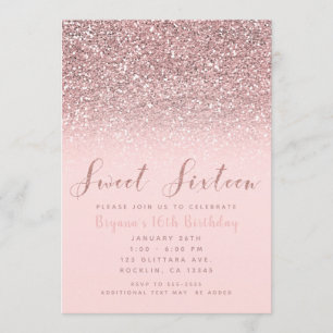 Pink Rose Gold Glitter Sparkle Sweet 16 Party Invitation