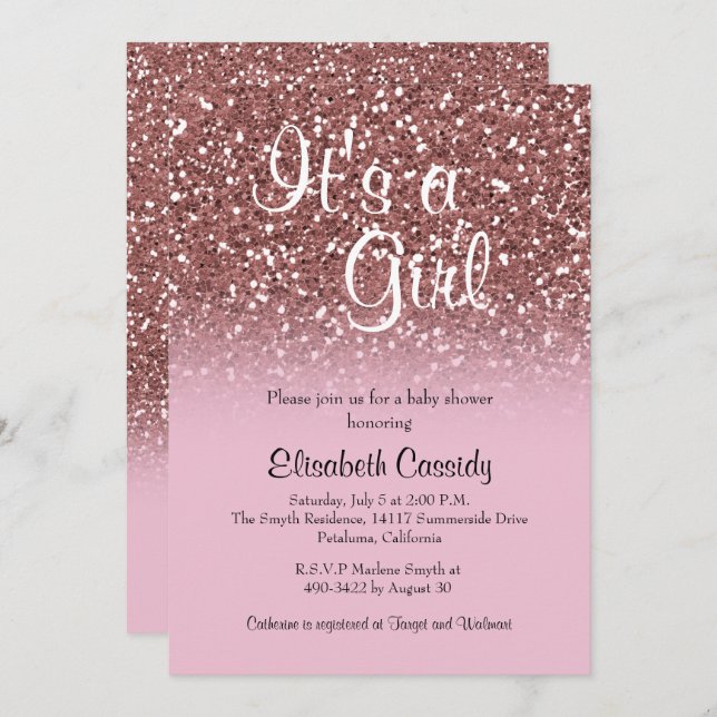 Pink Rose Gold Glitter Sprinkle Baby Shower Invite (Front/Back)