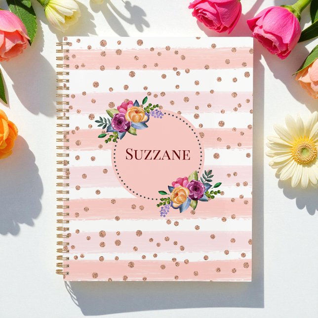 Pink Rose Gold Glitter Stripes Floral Pattern Planner (Creator Uploaded)