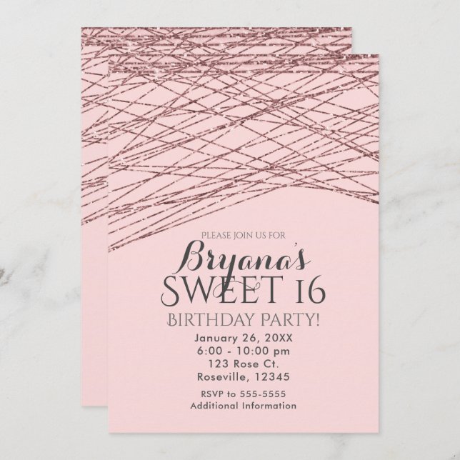Pink Rose Gold Glitter Sweet 16 Birthday Party Invitation (Front/Back)