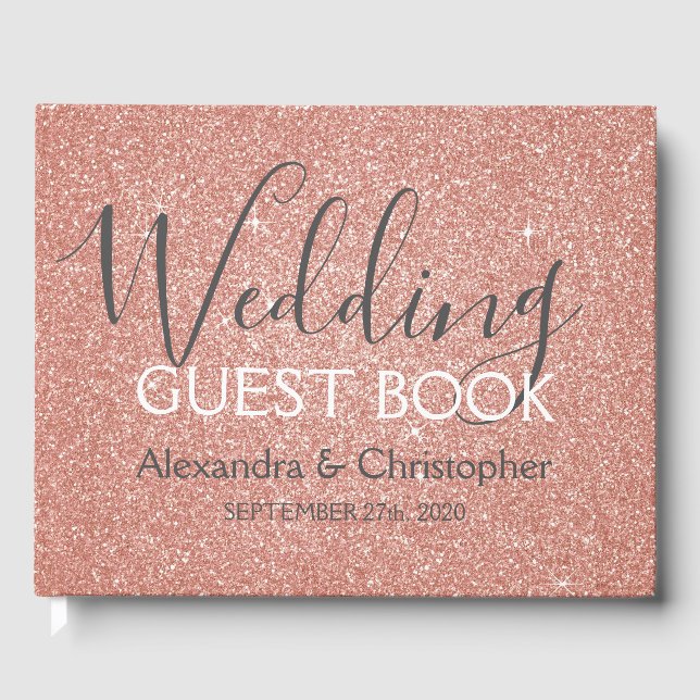 Pink Rose Gold Glitter Wedding Guest Book (Front)