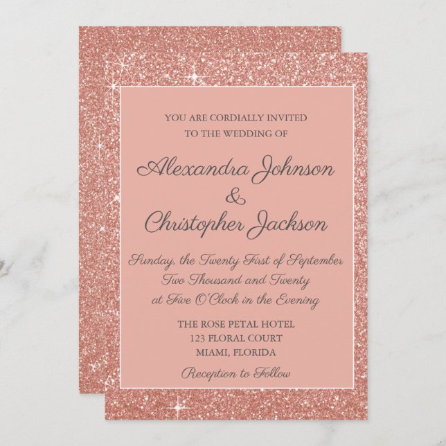 Pink Rose Gold Glitter Wedding Invitation (Front/Back)