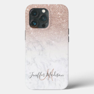 Pink rose gold glitter white marble Personalised iPhone 13 Pro Case