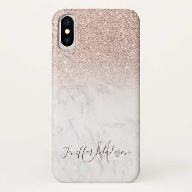 Pink rose gold glitter white marble Personalised   Case-Mate iPhone Case (Back)