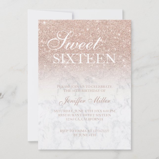 Pink rose gold glitter white marble Personalised   Invitation (Front)