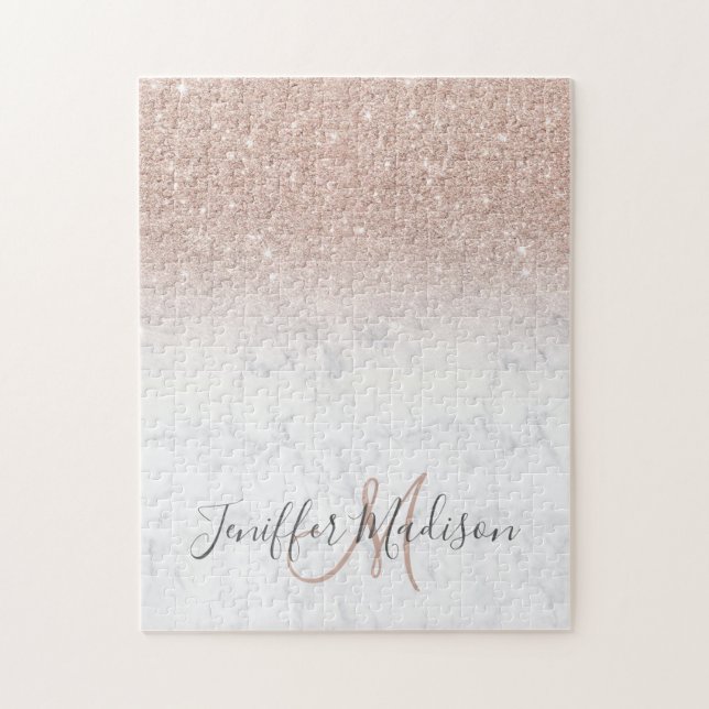 Pink rose gold glitter white marble Personalised   Jigsaw Puzzle (Vertical)