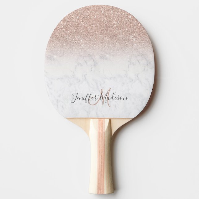 Pink rose gold glitter white marble Personalised   Ping Pong Paddle (Front)