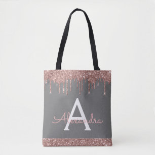 Pink Rose Gold Grey Glitter Elegant Monogram Tote Bag
