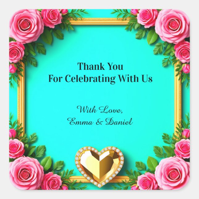🌸 Pink Rose Gold Heart Turquoise Wedding Theme 💍 Square Sticker (Front)