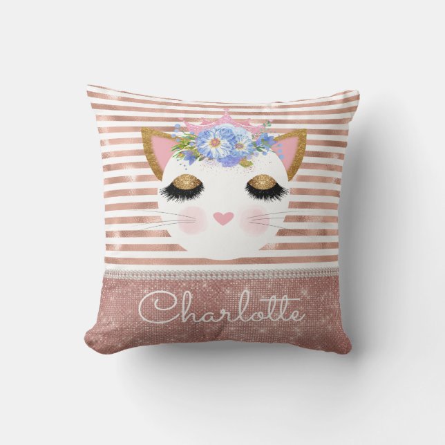 Pink rose gold kitty princess personalised cushion (Front)