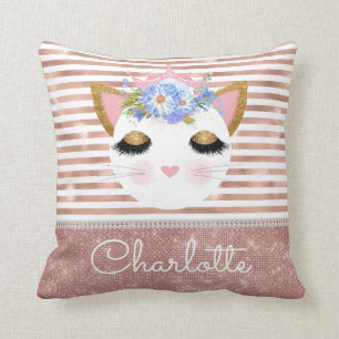 Pink rose gold kitty princess personalised cushion