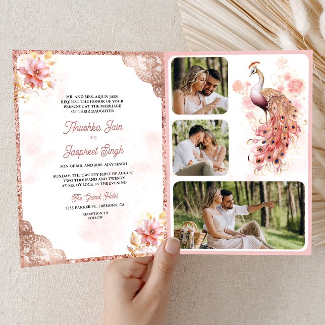 Pink Rose Gold Lace Floral Indian Peacock Wedding Invitation (Creator Uploaded)