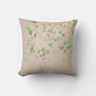 Pink Rose Gold Leafs Mint Green Ivory Linen Cushion