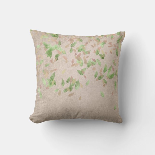 Pink Rose Gold Leafs Mint Green Ivory Linen Cushion (Front)