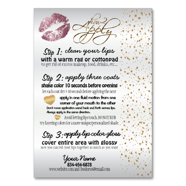 Pink Rose & Gold Lip Application Instructions Table Number (Front)