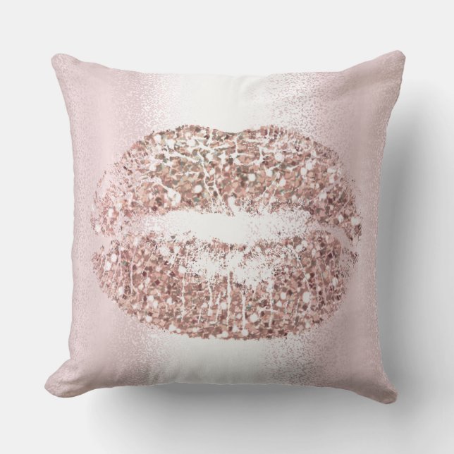 Pink Rose Gold Lips Glitter Pink Makeup Kiss Cushion (Front)