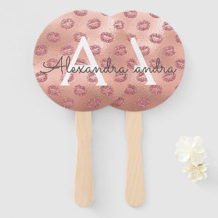Pink Rose Gold Lipstick Kisses Monogram Hand Fan