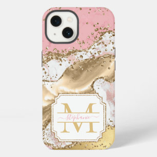 Pink Rose Gold Marble Glitter Agate Personalised iPhone 13 Case