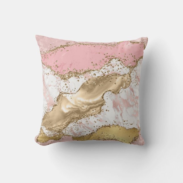 Pink Rose Gold Marble Glitter Glam Agate Cushion (Front)