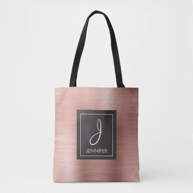 Pink Rose Gold Metal Elegant Monogram Book Bag (Front)