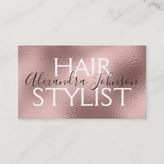Pink & Rose Gold Metal Foil Hair Stylist Business Card (Front)