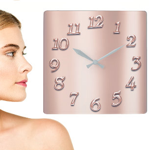 Pink Rose Gold Metallic Arabic Number Blush Girly Square Wall Clock