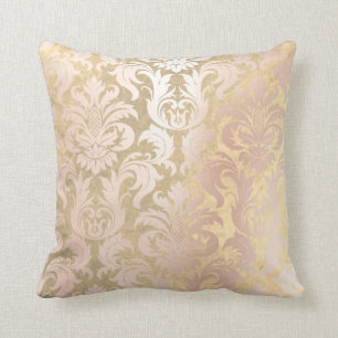 Pink Rose Gold Metallic Damask Faux Sepia Gold Lux Cushion