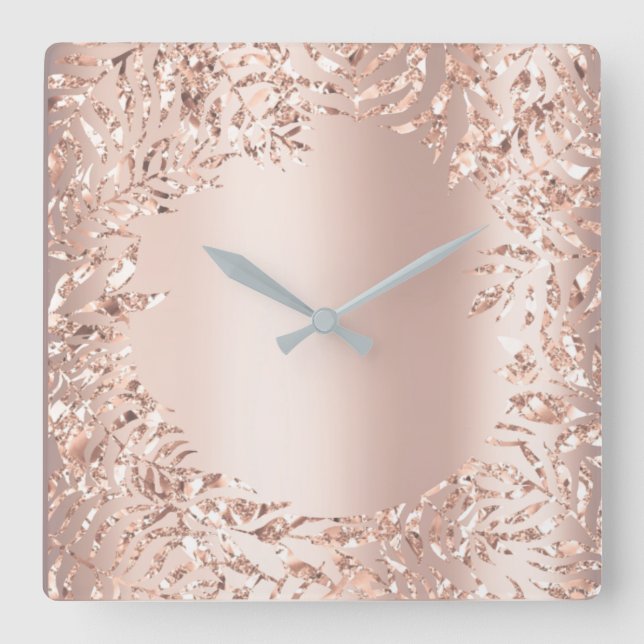 Pink Rose Gold Metallic Floral Glitter Blush Girly Square Wall Clock (Front)