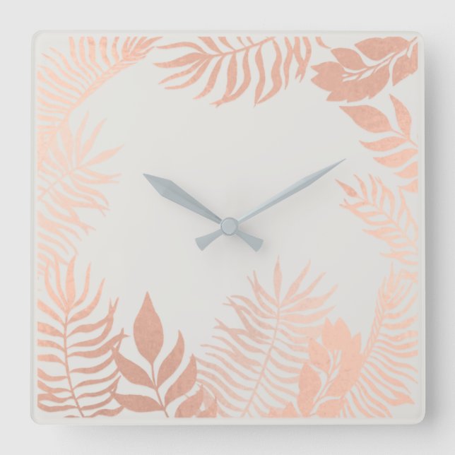 Pink Rose Gold Metallic Grey Palm Botanical Pastel Square Wall Clock (Front)