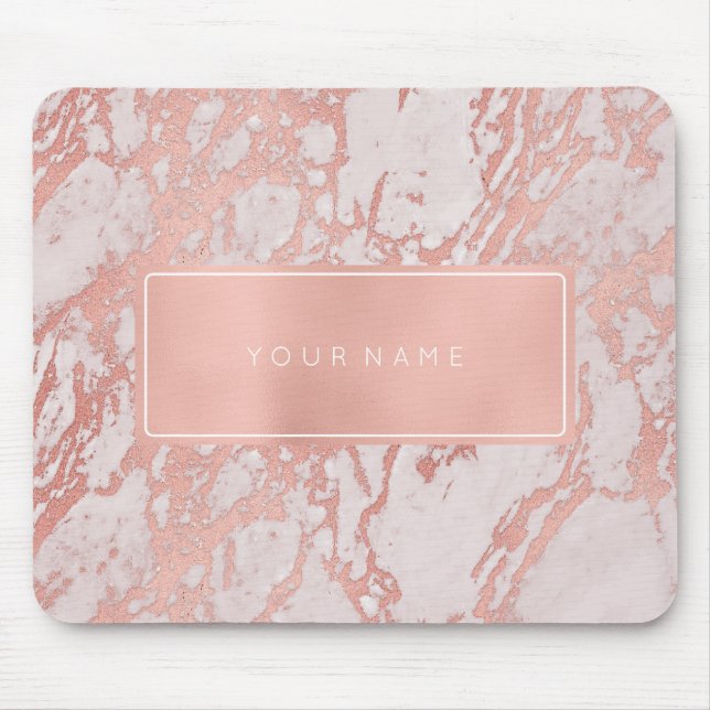 Pink Rose Gold  Metallic Marble White Rectangular Mouse Pad (Front)