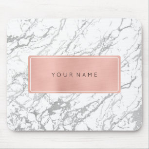 Pink Rose Gold Metallic Minimal White Marble Grey Mouse Pad