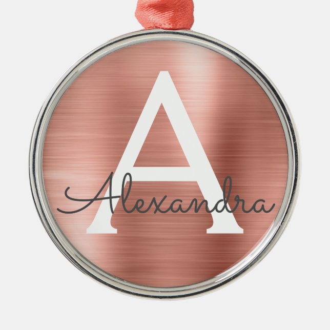 Pink Rose Gold Metallic Monogram Metal Tree Decoration (Front)