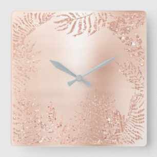 Pink Rose Gold Metallic Palm Botanical Metallic Square Wall Clock