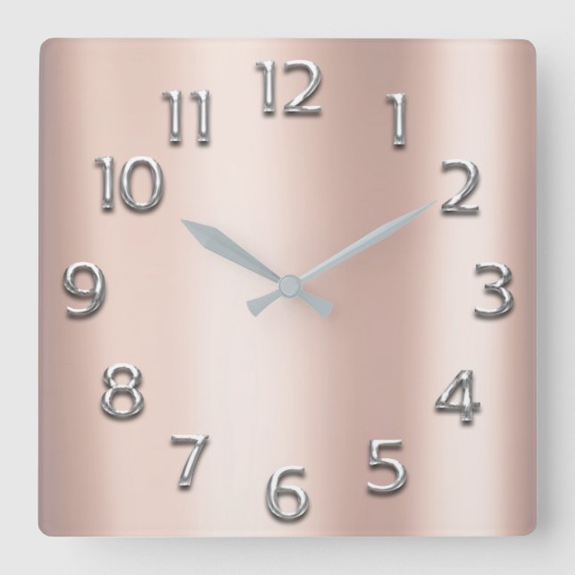 Pink Rose Gold Metallic Silver Grey Blush Girly Square Wall Clock (Front)