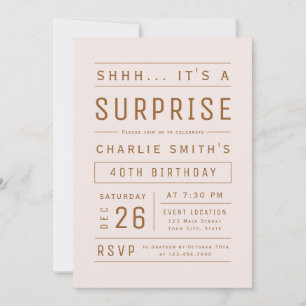 Pink Rose Gold Modern Typography Surprise Birthday Invitation
