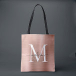 Pink Rose Gold Monogram Glam Brushed Metal Script Tote Bag<br><div class="desc">Glam Pink Rose Gold Brushed Metal Script Monogram Tote Bag</div>