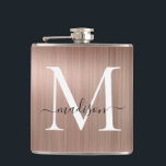 Pink Rose Gold Monogram Script Brushed Steel Metal Hip Flask<br><div class="desc">Pink Rose Gold Girly Script Monogram Brushed Steel Metal Flask</div>