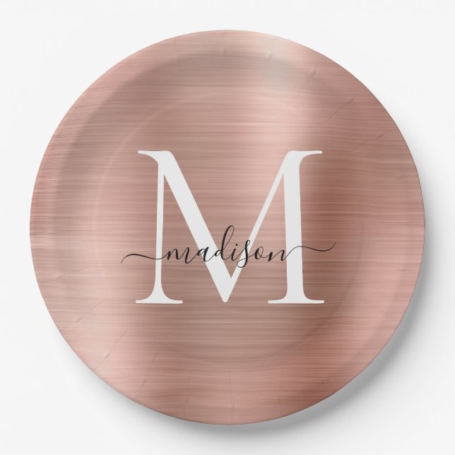 Pink Rose Gold Monogram Script Glam Metallic Steel Paper Plate (Front)