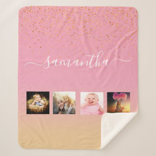 Pink rose gold name photo collage sherpa blanket
