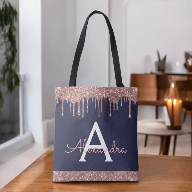 Pink Rose Gold Navy Blue Glitter Elegant Monogram  Tote Bag (Creator Uploaded)