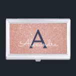 Pink Rose Gold Navy Blue Glitter Sparkle Monogram Business Card Holder<br><div class="desc">Blush Pink Rose Gold and Navy Blue Faux Glitter and Sparkle Elegant Monogram Business Card Holder. This Business Card Holder can be customised to include your initial and first name.</div>