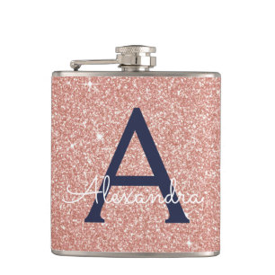 Pink Rose Gold Navy Blue Glitter Sparkle Monogram Hip Flask