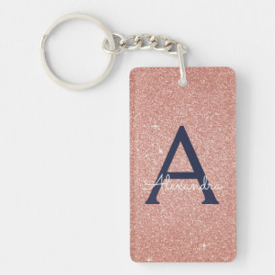 Pink Rose Gold Navy Blue Glitter Sparkle Monogram Key Ring