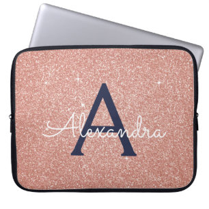 Pink Rose Gold Navy Blue Glitter Sparkle Monogram Laptop Sleeve