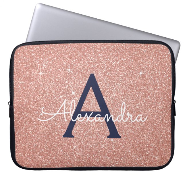 Pink Rose Gold Navy Blue Glitter Sparkle Monogram Laptop Sleeve (Front)