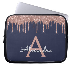 Pink Rose Gold Navy Blue Glitter Sparkle Monogram Laptop Sleeve
