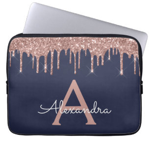Pink Rose Gold Navy Blue Glitter Sparkle Monogram Laptop Sleeve