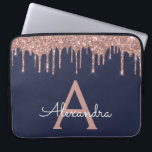 Pink Rose Gold Navy Blue Glitter Sparkle Monogram Laptop Sleeve<br><div class="desc">Pink Rose Gold and Navy Blue Faux Dripping Modern and Elegant Girly Glitter and Sparkle Elegant Monogram Case. This case can be customised to include your initial and first name.</div>