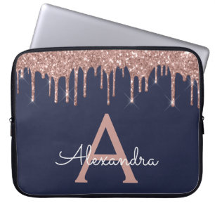 Pink Rose Gold Navy Blue Glitter Sparkle Monogram Laptop Sleeve